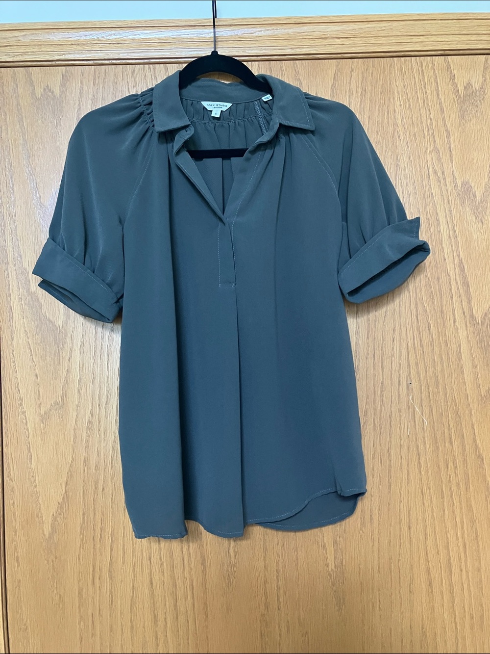 Max Studio Slate Green Short-Sleeve V-Neck Blouse